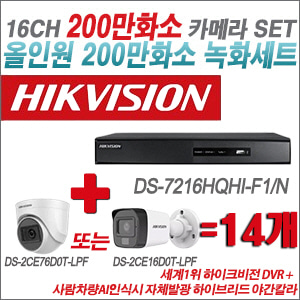 [TVI-2M] DS7216HQHIF1/N 16CH + 최고급형 200만화소 카메라 14개 SET (실내3.6mm출고/실외형품절)