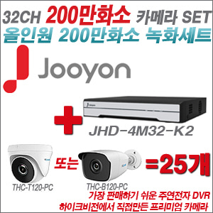 [올인원-2M] JHD4M32K2 32CH + 하이룩 200만화소 올인원 카메라 25개 SET  (실내/실외형3.6mm출고)
