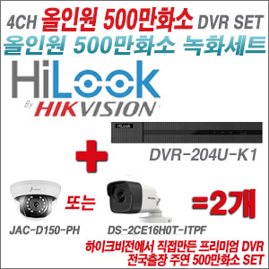 [올인원-5M] DVR204UK1 4CH + 주연전자/하이크 500만화소 올인원 카메라 2개세트 (실내형3.6mm/실외형2.8mm출고)