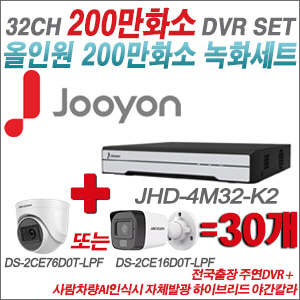 [TVI-2M] JHD4M32K2 32CH + 최고급형 200만화소 카메라 30개 SET (실내3.6mm출고/실외형품절)