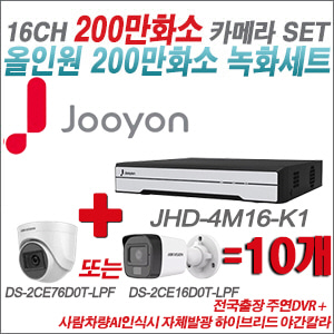 [TVI-2M]JHD4M16K1 16CH + 최고급형 200만화소 카메라 10개 SET (실내3.6mm출고/실외형품절)