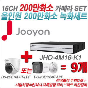 [TVI-2M]JHD4M16K1 16CH + 최고급형 200만화소 카메라 9개 SET (실내3.6mm출고/실외형품절)