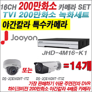 [TVI-2M] JHD4M16K1 16CH + 하이크비전 200만화소 야간칼라 4배줌 카메라 14개 SET