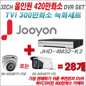 [TVI-3M] JHD4M32K2 32CH + 하이크비전 300만화소 4배줌 카메라 28개 SET (실외형 8mm고정렌즈출고)