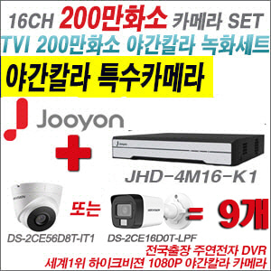 [TVI-2M] JHD4M16K1 16CH + 하이크비전 200만화소 야간칼라 카메라 9개 SET (실내형/실외형 3.6mm 출고)