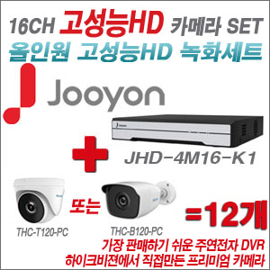 [올인원-2M] JHD4M16K1 16CH + 하이룩 200만화소 올인원 카메라 12개 SET  (실내/실외형3.6mm출고)