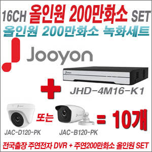 [올인원-2M] JHD4M16K1 16CH + 주연전자 200만화소 올인원 카메라 10개 SET (실내/실외형 3.6mm 출고)